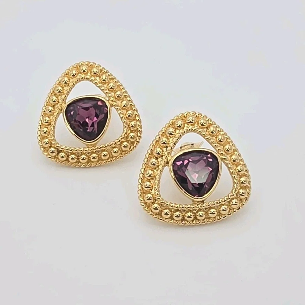 Vtg Signed SWAROVSKI Triangular Earrings Clip-On Amethyst Crystal 18k Gold Plate - Picture 6 of 14